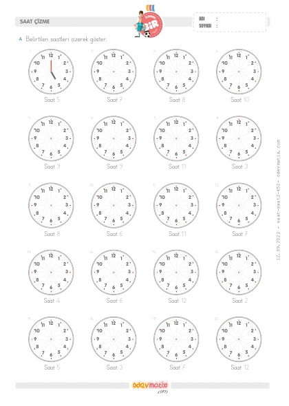 1.Sınıf 60 Dakika Aralıklı Saat Çizme(1) Etkinliği